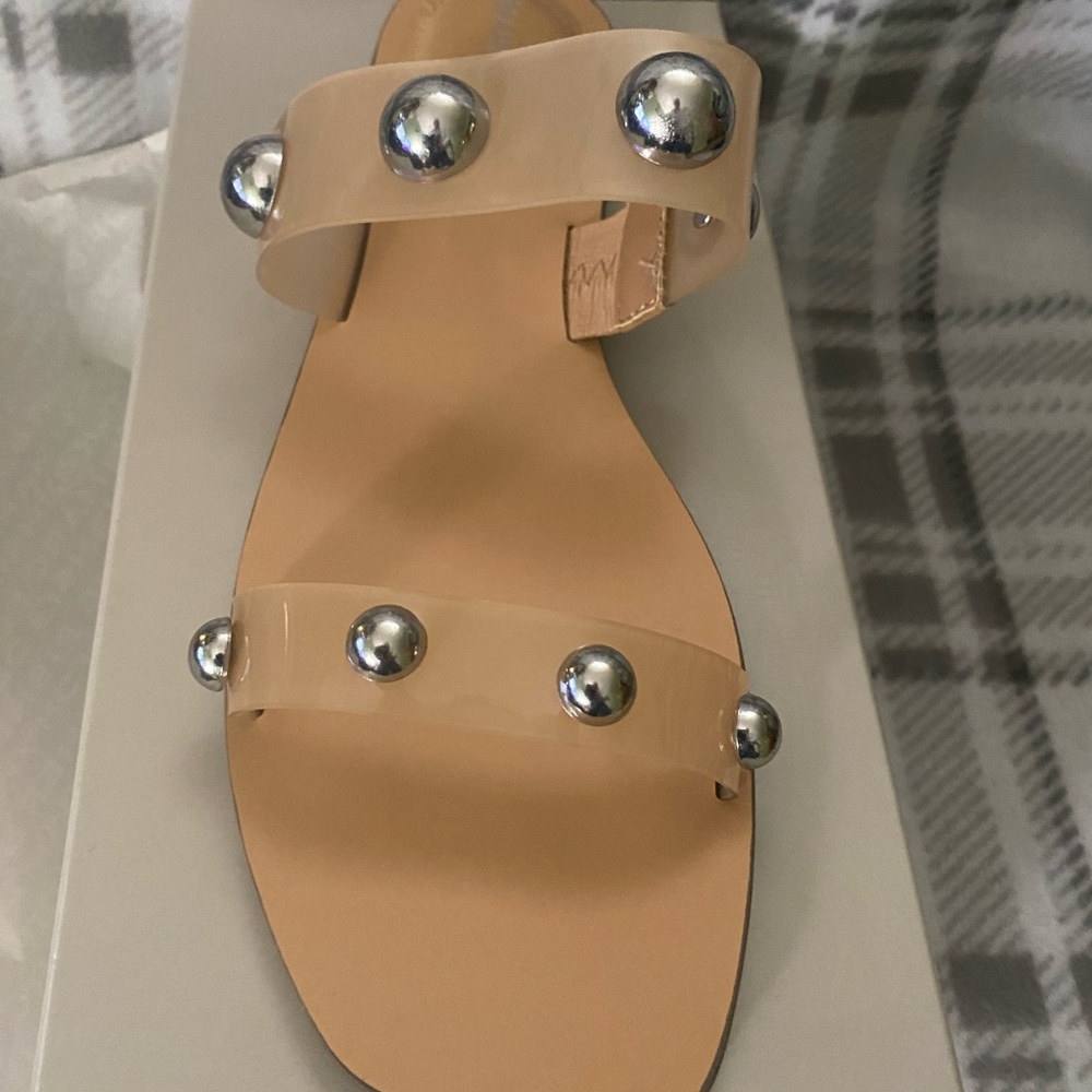 MARC FISHER Women's Frosted Lucite Studded Sandals in Buff Size 9.5 NWT